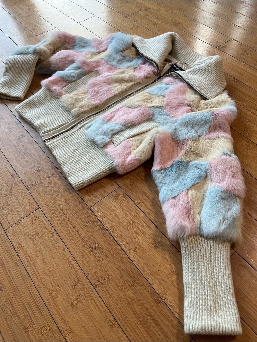 Y2K Vintage bebe Pastel Rabbit Fur Bomber Jacket - Cotton Candy Cream - Picture 2 of 12